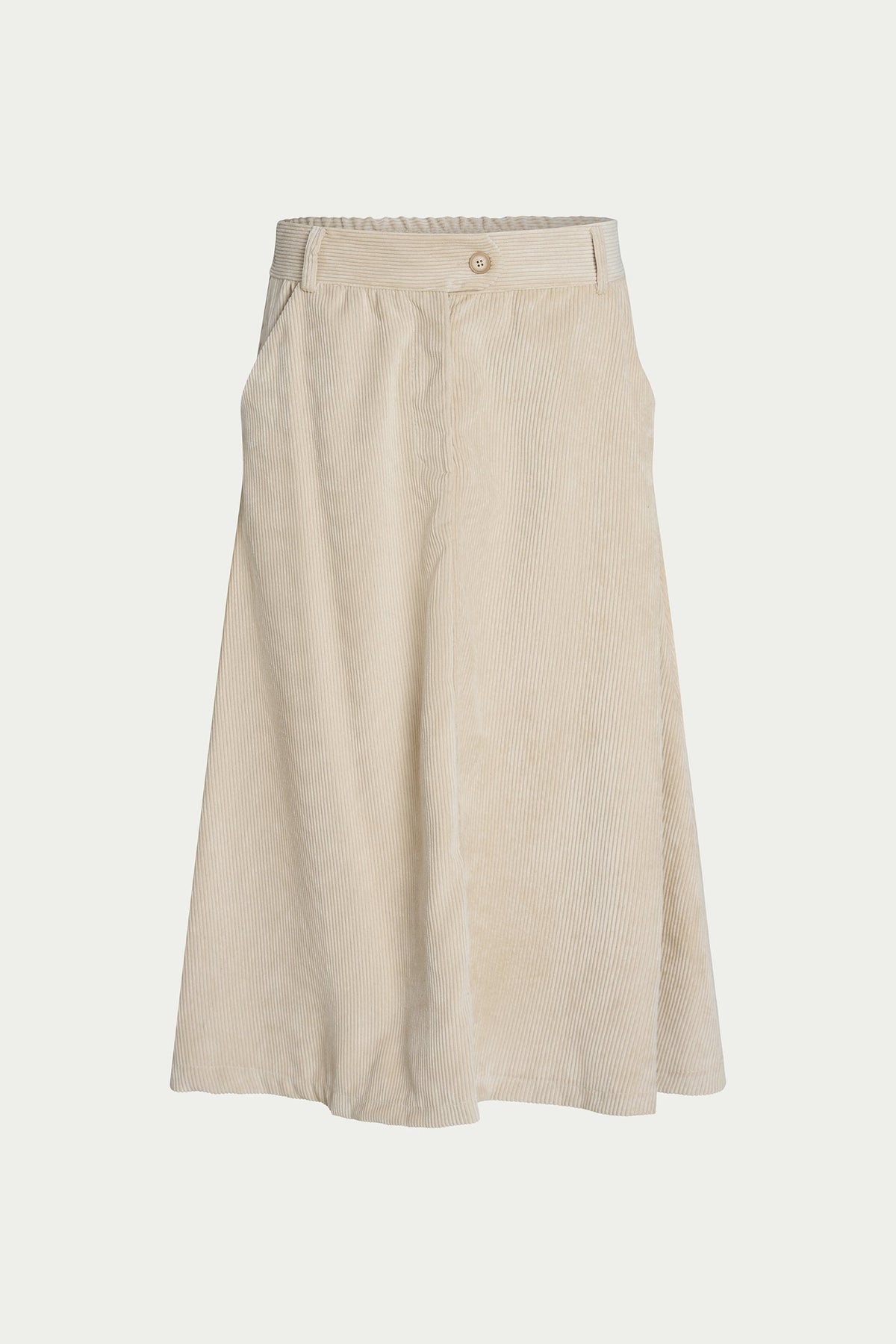 A light beige wide-leg skirt with a button closure at the waistband, displayed against a solid off-white background.