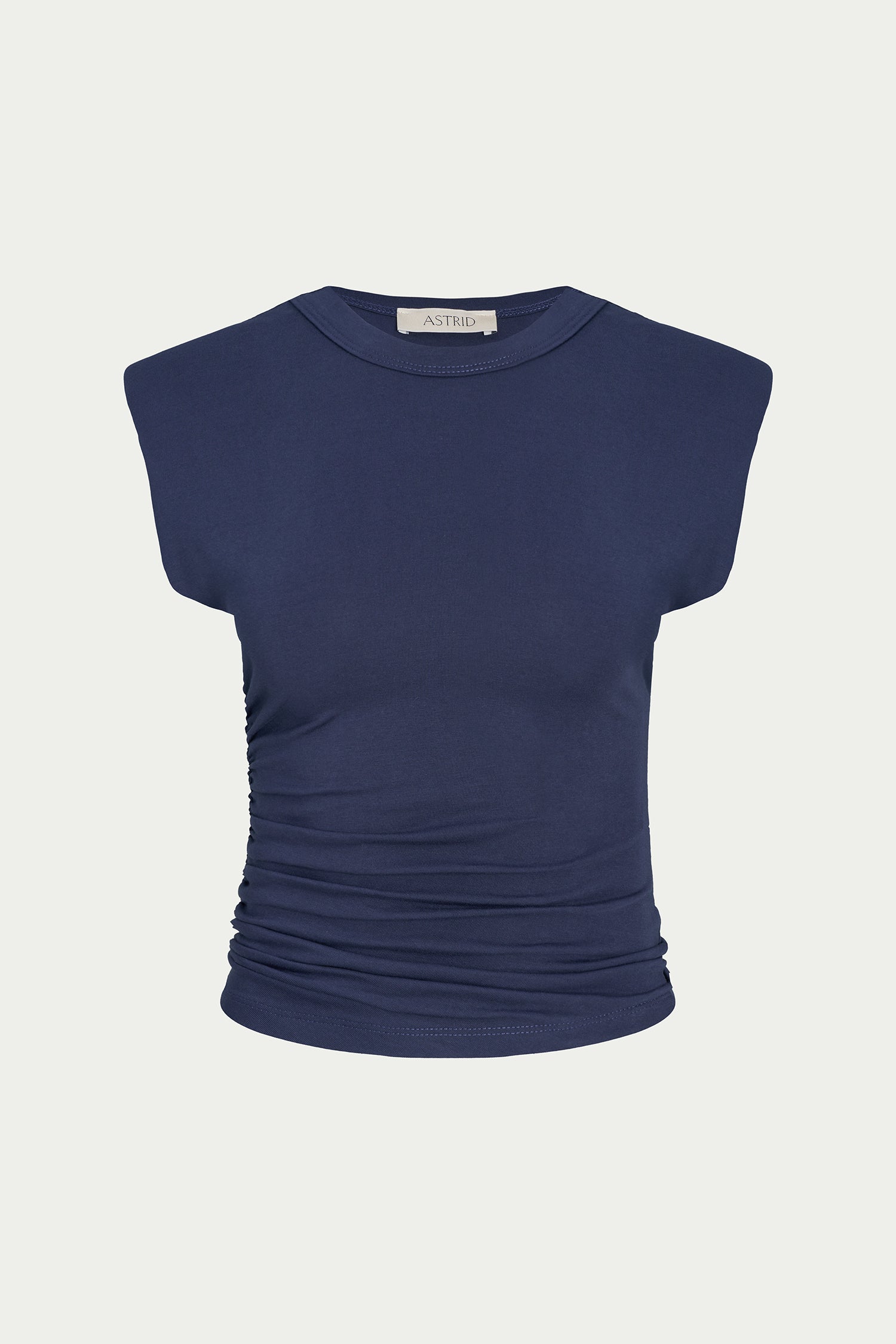 A navy blue sleeveless top with a crew neck and gathered ruching at the waist, shown against a light gray background.