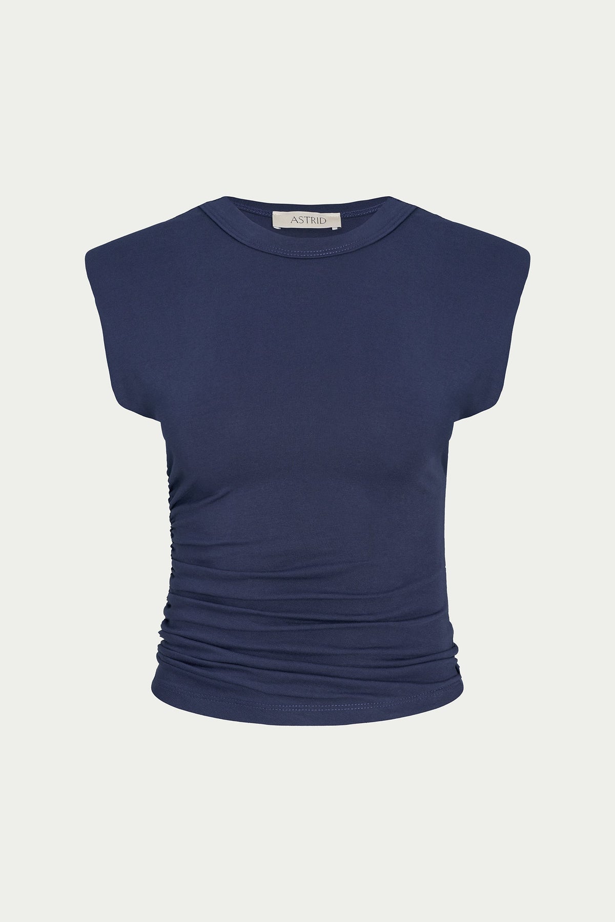 A navy blue sleeveless top with a crew neck and gathered ruching at the waist, shown against a light gray background.