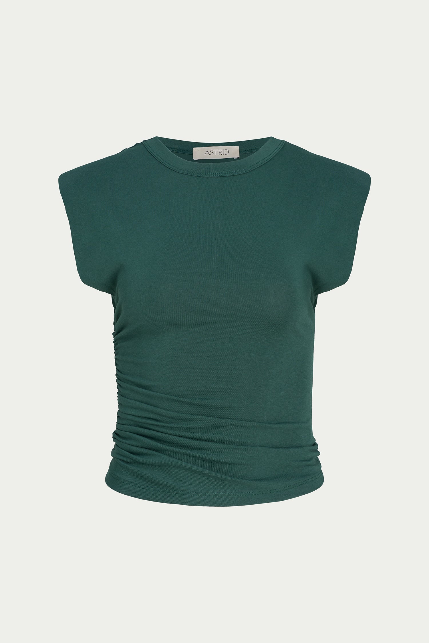 A dark green ribbed knit top with a crew neck and cap sleeves, featuring ruched detailing on the sides, shown against a light gray background.