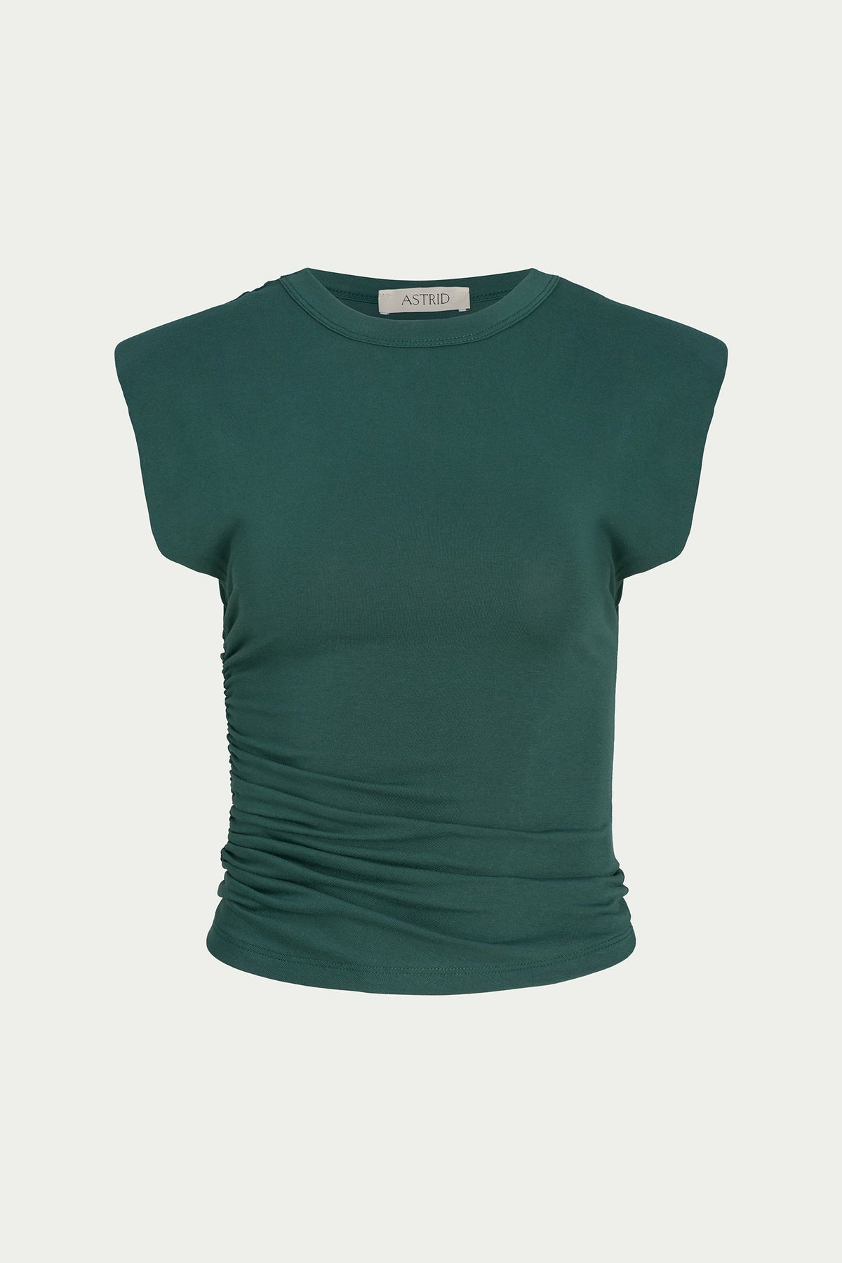 A dark green ribbed knit top with a crew neck and cap sleeves, featuring ruched detailing on the sides, shown against a light gray background.