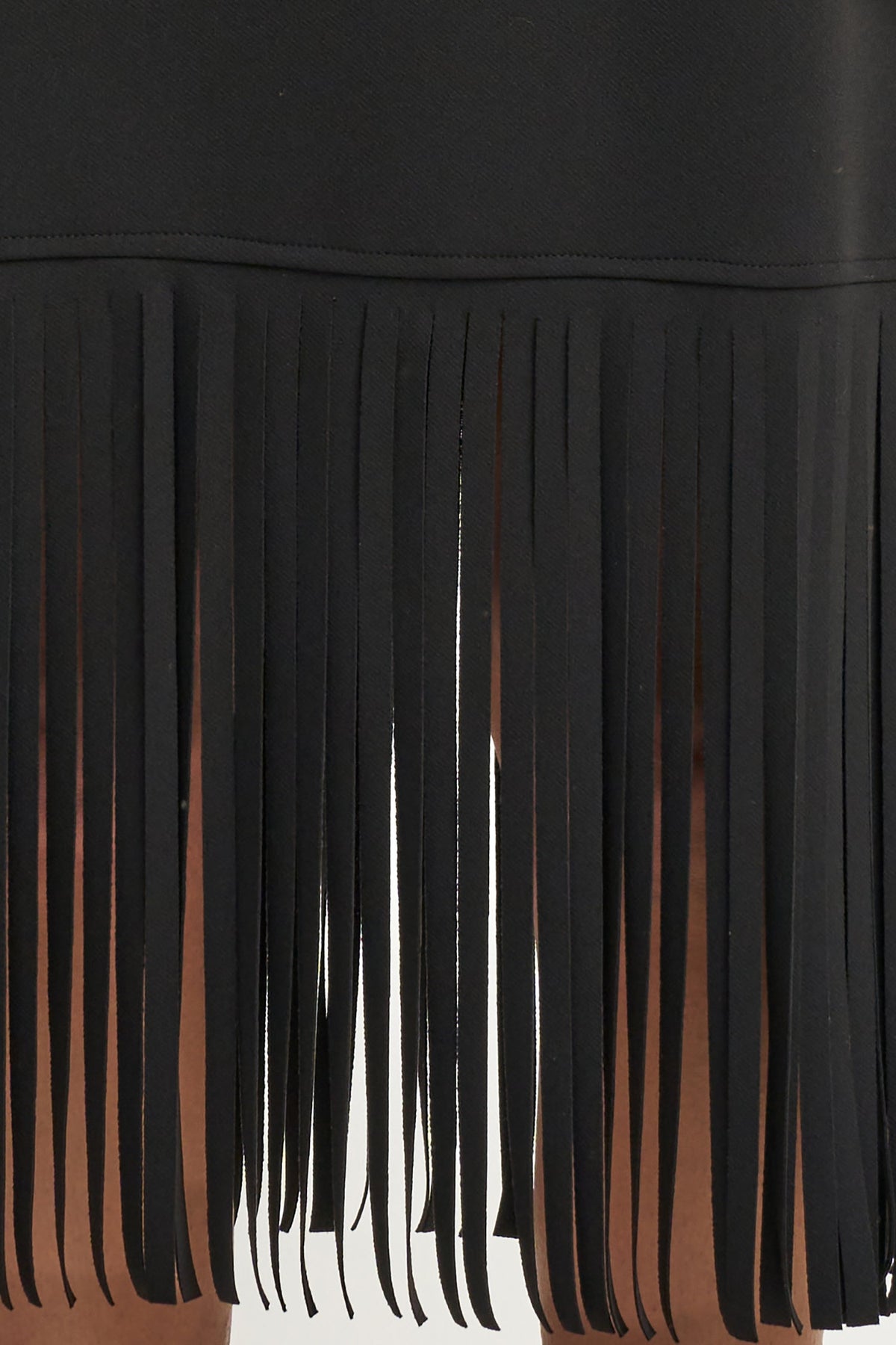 Close-up of a black fringe garment, showing long hanging fabric strips against a white background.