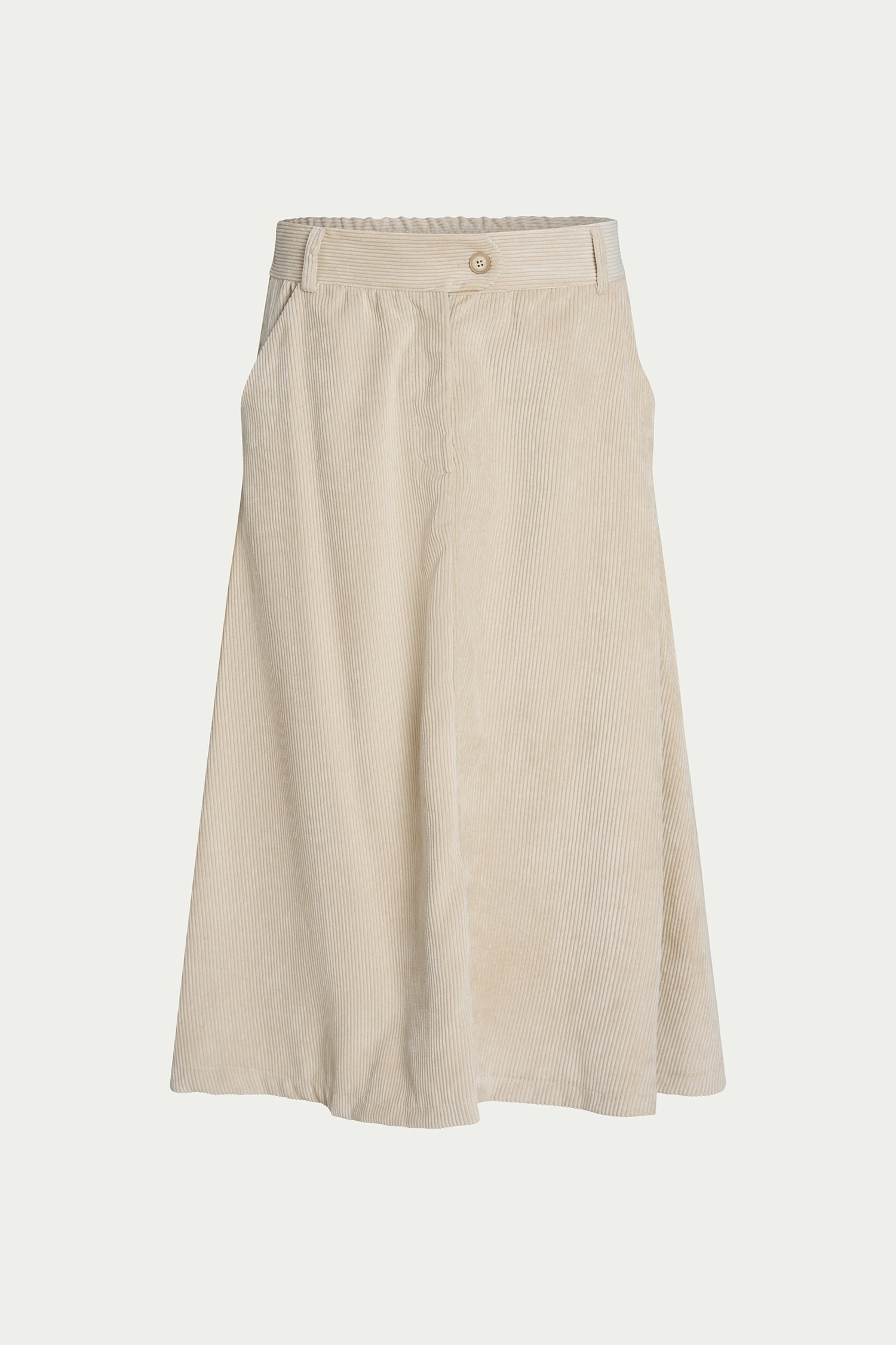 A light beige wide-leg skirt with a button closure at the waistband, displayed against a solid off-white background.