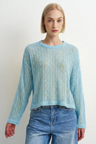 A woman modeling a light blue open-knit long-sleeve sweater with a crew neck, paired with blue jeans, against a plain light gray background.