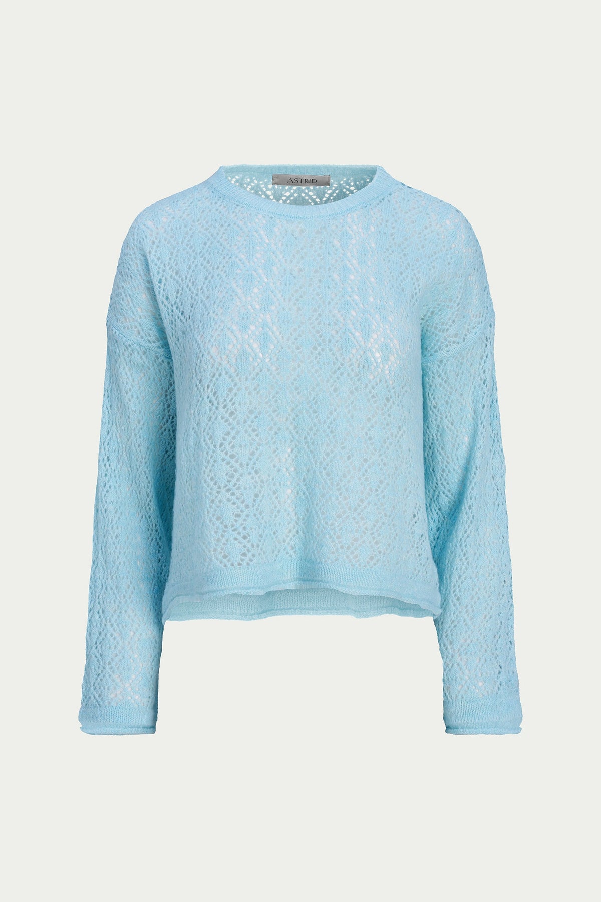 A light blue long-sleeve knit sweater with an intricate lace pattern, presented on a neutral light gray background.